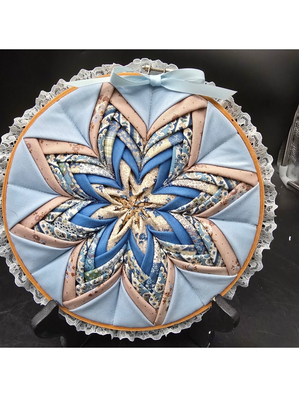 Vintage Folded Star Quilted Hoop Wall Hanging 8" Blue Floral Cottagecore Lace